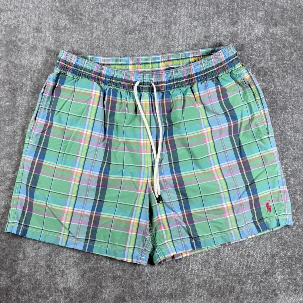 Polo Ralph‎ Lauren Swim Trunks Men's XL Green Plaid Mesh Lined Drawstring